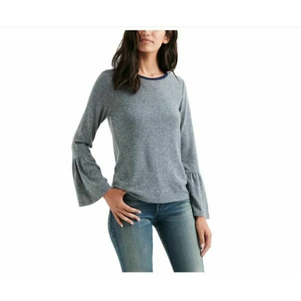 Lucky Brand Stripe Hacci Top Womens Medium Blue Bell Sleeves Long Sleeves Boho